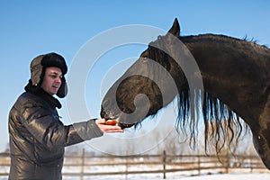 The man feeding horse