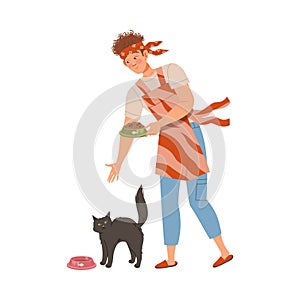 Man feeding pet cat. Househusband doing daily routine cartoon vector illustration