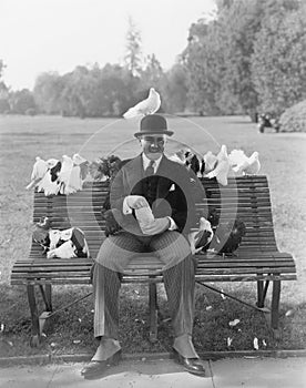 Man feeding pigeons on park bench