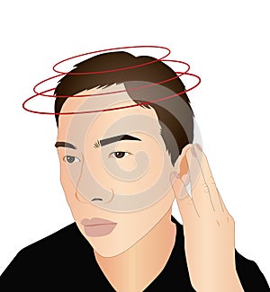 A man feeling headaches or meniere\'s disease or migraine or vertigo, illustration