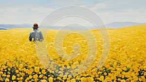 Man In Field Of Yellow Flowers: Nostalgic Realism Painting