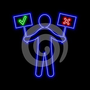 Man figure with approve and reject signs. Choice concept neon si