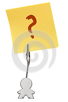 Man Figure Business Card Holder with yellow paper note QUESTIONMARK