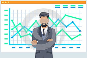 Man financial analyst. Professional businessman analyzing business growth by statistical dashboard