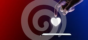 Man finger clicks on the heart like icon. Heart like lock symbol for your web site design, logo, app, UI. Which is a virtual