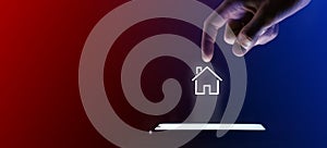 Man finger clicks on the open house icon.House symbol for your web site design, logo, app, UI. Which is a virtual projection from