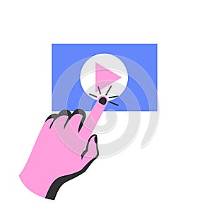 Man with finger hands presses the play button. Vector illustration flat design