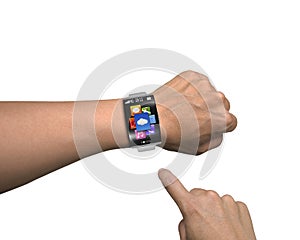 Man finger point app icons of smartwatch with curved screen