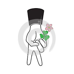 A man from fingers holds a flower. Vector illustration.