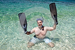 Man with fins on the hands photo