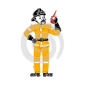 Man Firefighter Character in Helmet and Uniform Standing with Walkie talkie Vector Illustration