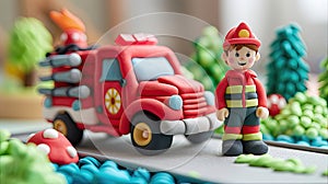 A man in a fireman's outfit stands next to a toy fire truck