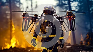 Man in fireman& x27;s uniform carrying remote controlled helicopter. Generative AI