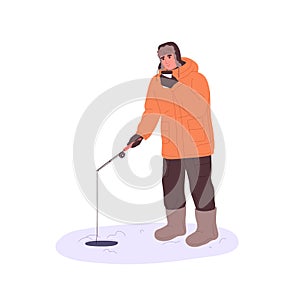 Man fisher at winter ice fishing, standing with rod angle, catching fish through hole. Fisherman drinking hot tea from