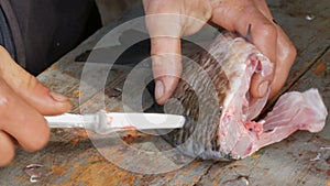 A man a fisherman cuts a fish of lively big fish just caught into pieces. Cleaning freshwater fish for further cooking