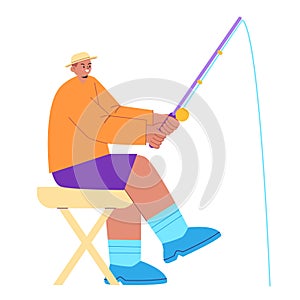 Man fisherman fishing holding rod stick while sitting flat colorful illustration