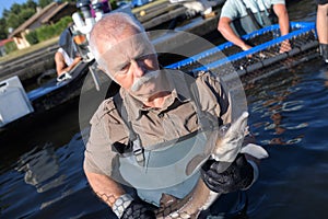 Man in fishermans holding fish cod