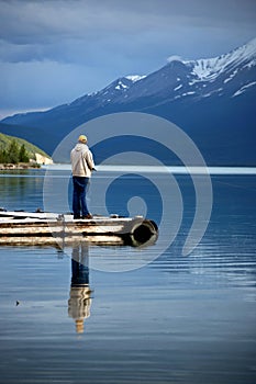 Man Fishing in an Alpine Lake