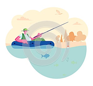 Man Fishing in Boat on Calm Lake or River at Summer Day. Relaxing Summertime Hobby, Fishman Sitting with Rod Having Good Catch photo