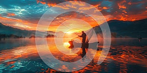 Man Fishing in Boat on Lake at Sunset