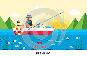 Man is fishing at dawn vector flat illustration.