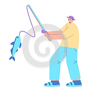 Man fishing fish fisherman angling flat colorful illustration in action