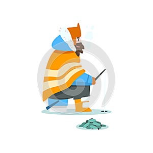Man fishing in a frozen river or lake, extremal ice winter fishing, outdoor activity vector Illustration