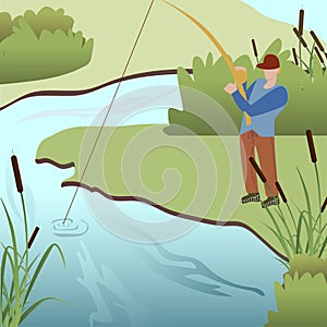 Man Fishing in Lake Cartoon Vector Illustration