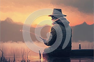 A man fishing in the lake during a misty dawn