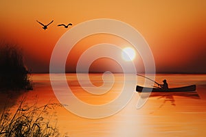 Man fishing on the lake at sunset