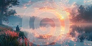 Man Fishing on Lake at Sunset