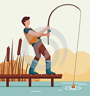 Man fishing on a lake on a wooden dock. Fisherman.
