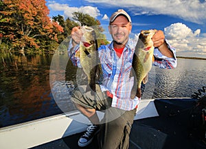 Man Fishing Large Mouth Largemouth Bass in Fall
