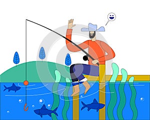 Man fishing in natural river side illustration concept vector