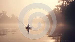 Man fishing in river with fly rod during summer morning. Beautiful fog. Generative AI