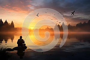 Man fishing at stunning sunrise over tranquil lake. Generative AI