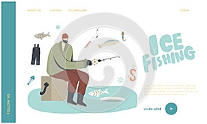 Man Fishing at Winter Landing Page Template. Fisherman Male Character Sitting on Box with Rod on Ice Floe Has Good Catch