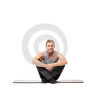 Man, fitness or happy portrait on floor in studio for healthy body, muscle or training isolated on white background