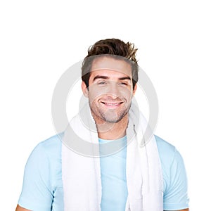 Man, fitness and smile with towel in portrait for wellness, motivation and training for mindset. Male model, pride or