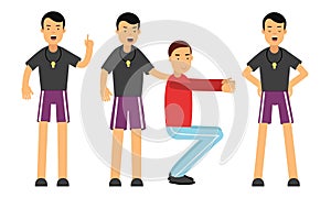 Man Fitness Trainer or oach with Whistle Giving Instructions in Gym Vector Illustration Set