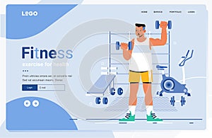 Man Fitness Training in Gym Landing Page Template. Characters Exercising with Professional Equipment Doing Workout with Weight