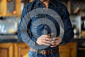 man in fitted denim shirt, jeans, sipping espresso, caf
