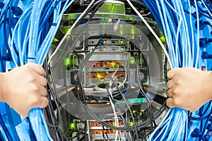 Man fix server network in data center room