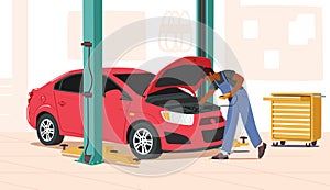 Man Fixing Auto, Checking and Maintenance Car Repair Service. Mechanic Character in Blue Overalls Stand near Broken Car