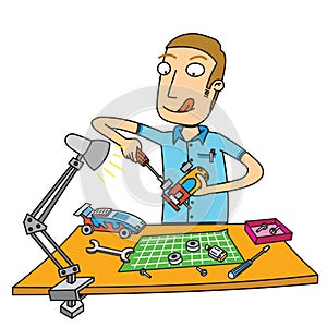 man fixing car toy enthusiastly photo