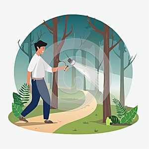 Man with Flashlight Exploring a Dark Forest Path