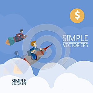 A man flies on a rocket