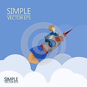 A man flies on a rocket