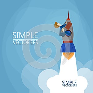 A man flies on a rocket