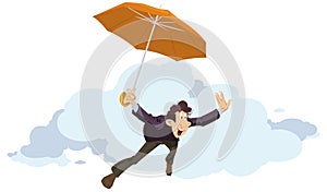 Man flies on umbrella. Businessman with golden parachute. Illustration for internet and mobile website